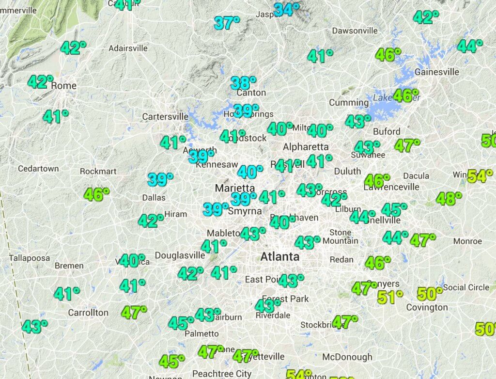 10:30 pm Temperatures (10/31/14).  The cold front has cleared the entire Atlanta metro.  