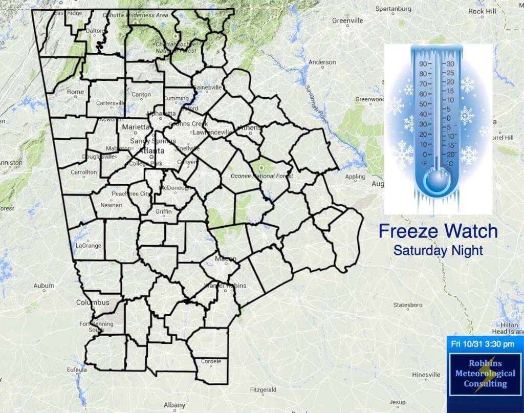 Freeze Watch for all of northern and central Georgia for Saturday night (11/1/14 through 11/2/14 at 9 am EST).