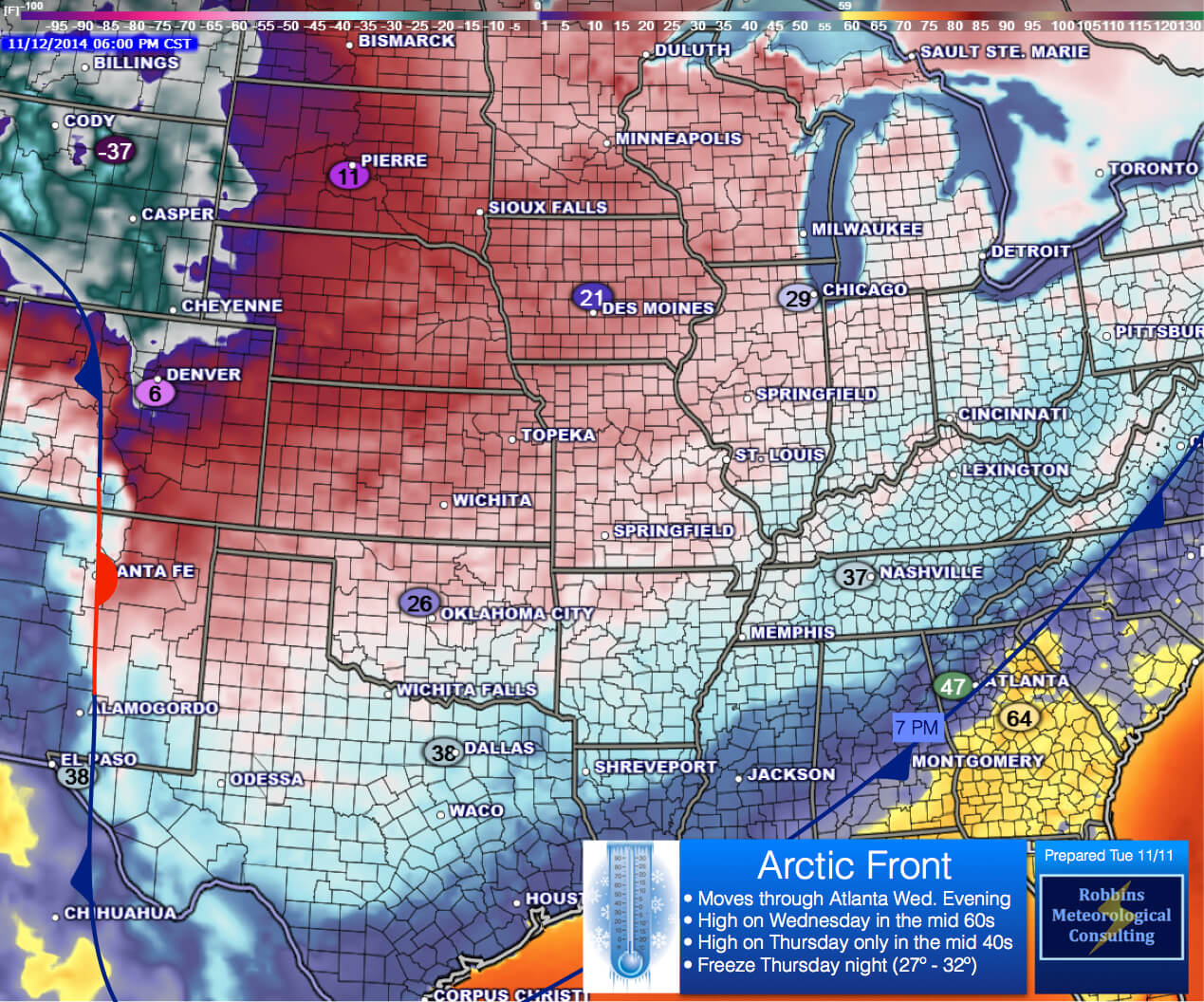 Forecast frontal position valid Wednesday, November 12 at 7 pm CST