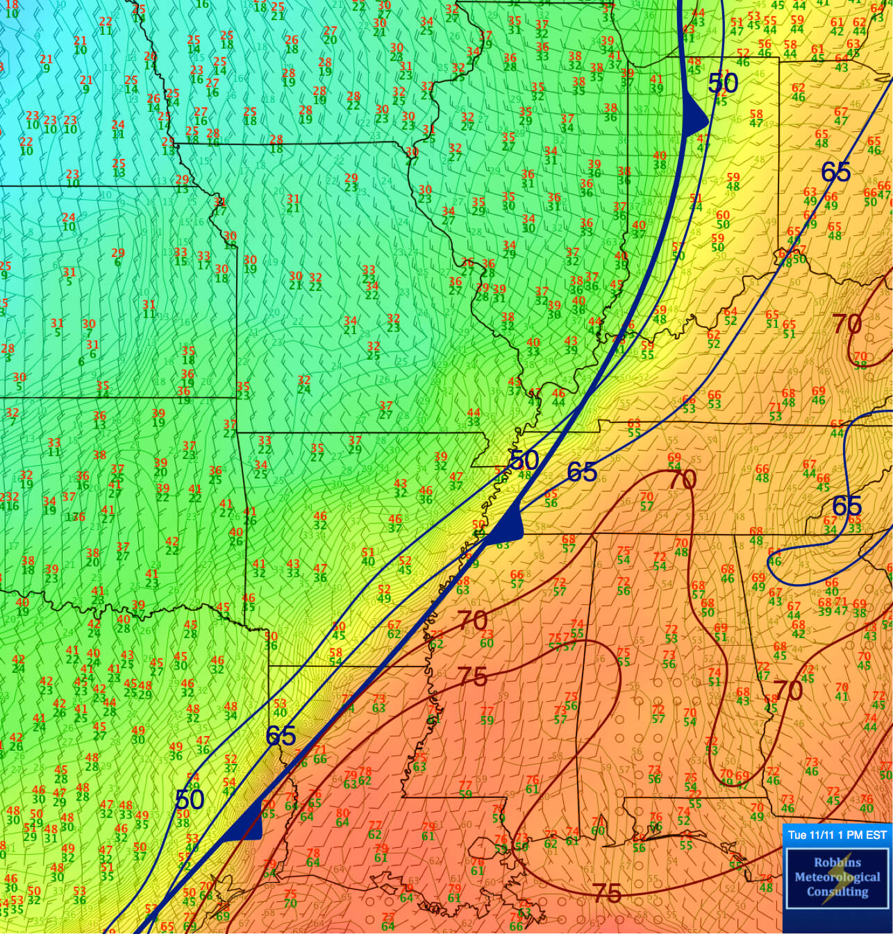 Surface analysis showing the position of the Arctic Front at 1:45 pm EST Tuesday, November 11