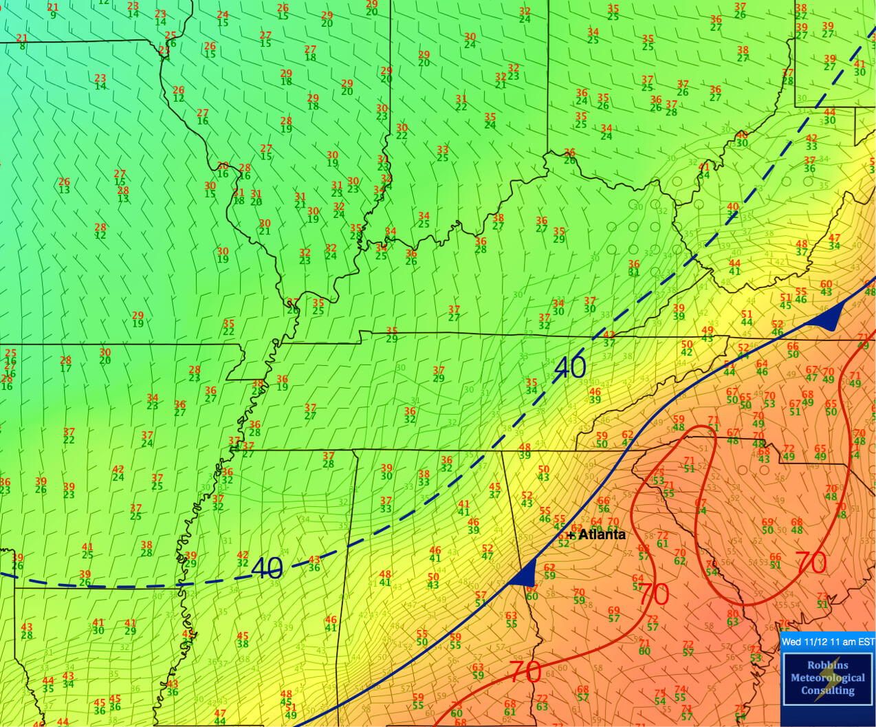 Surface analysis showing the position of the Arctic Front at 11 am EST Wednesday, November 12