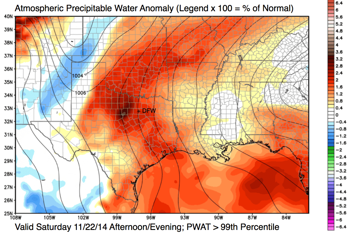 Atmospheric precipitable water content anomaly, valid this afternoon/evening (11/22/14). To determine the percent of normal, multiply the legend by 100.