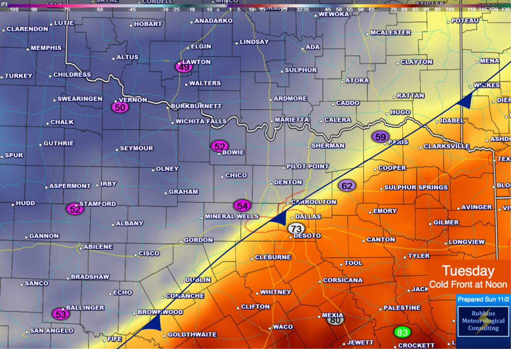 Approximate position of the cold front at noon Tuesday (11/4/14)