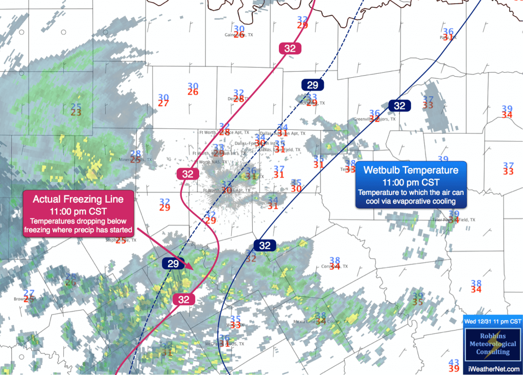 OBSERVED wet-bulb temperatures at 2 pm CST Wednesday (December 31). Greatest ice amounts will be WEST of the blue 29º line (wet-bulb temperature of 29º or less).