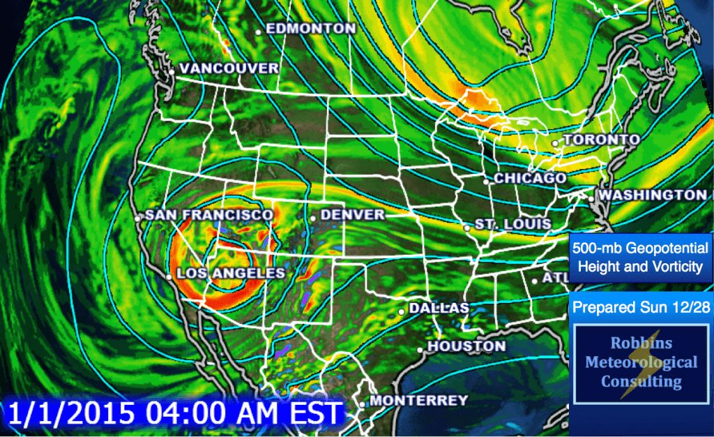 500-mb geopotential height and vorticity at 3 am CST on Thursday, January 1, 2015