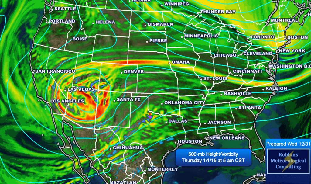 500-mb geopotential height and vorticity valid at 5 am CST Thursday (January 1, 2015)