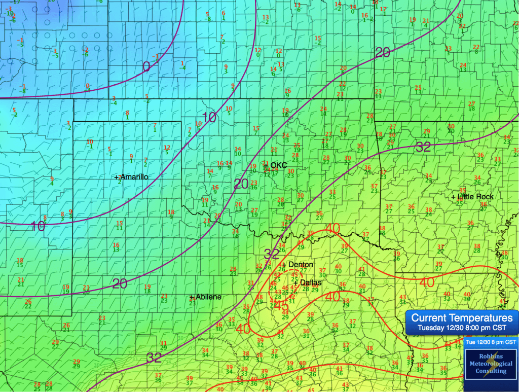 OBSERVED temperatures over the Southern Plains (8 pm CST, Tuesday December 30).