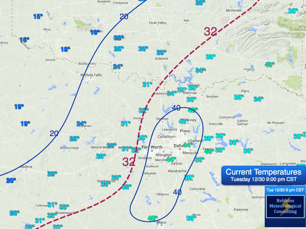 OBSERVED temperatures over North Texas at 9 pm CST (Tuesday, December 30)