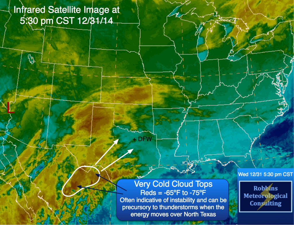 Infrared satellite imagery at 5:30 pm CST Wednesday (December 31). Very cold cloud tops in northern Mexico may be indicative of instability and precursory to thunderstorms in North Texas Thursday morning