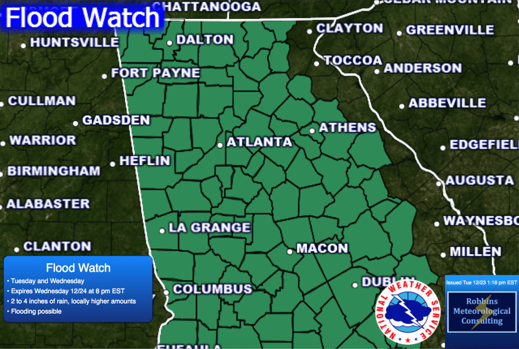 Flood Watch issued by the NWS on Tuesday 12/23 at 1:16 pm EST valid until 8 pm EST Wednesday, December 24.