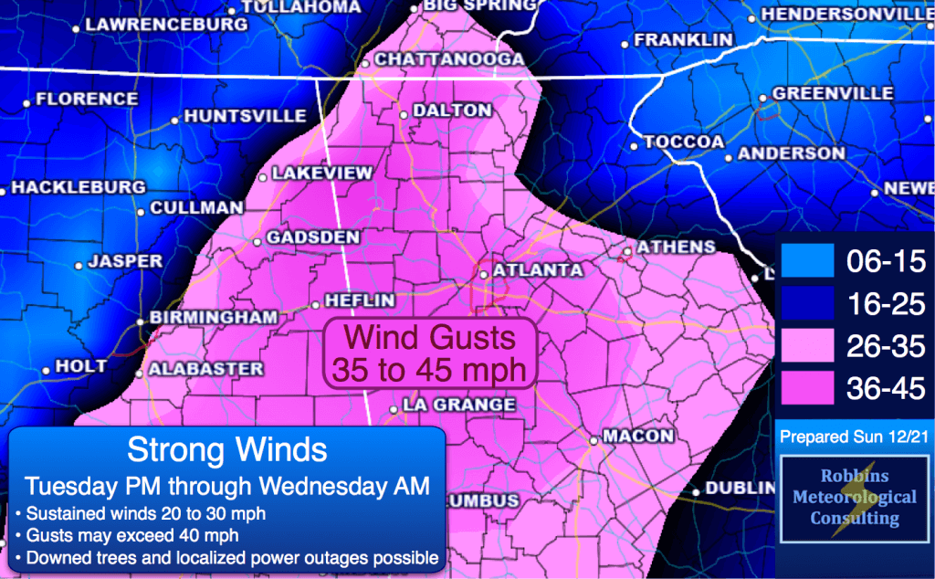 Wind gusts Tuesday night and Wednesday morning.  Sustained winds of 20-30 mph, with gusts to 40+ possible.