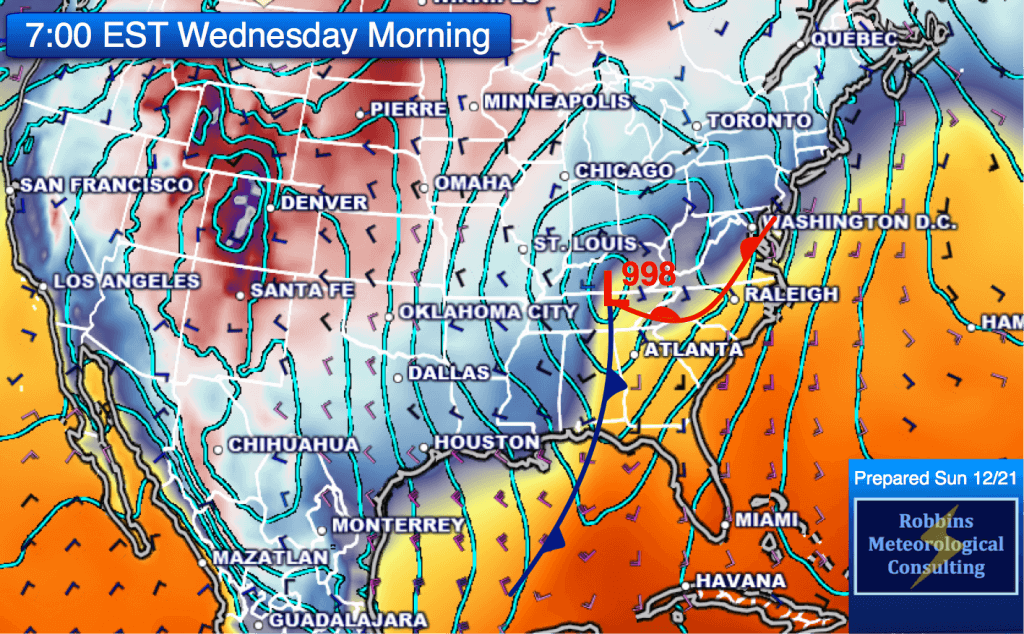 Position of the intense surface low and cold front at 7 am EST Wednesday, December 24. 