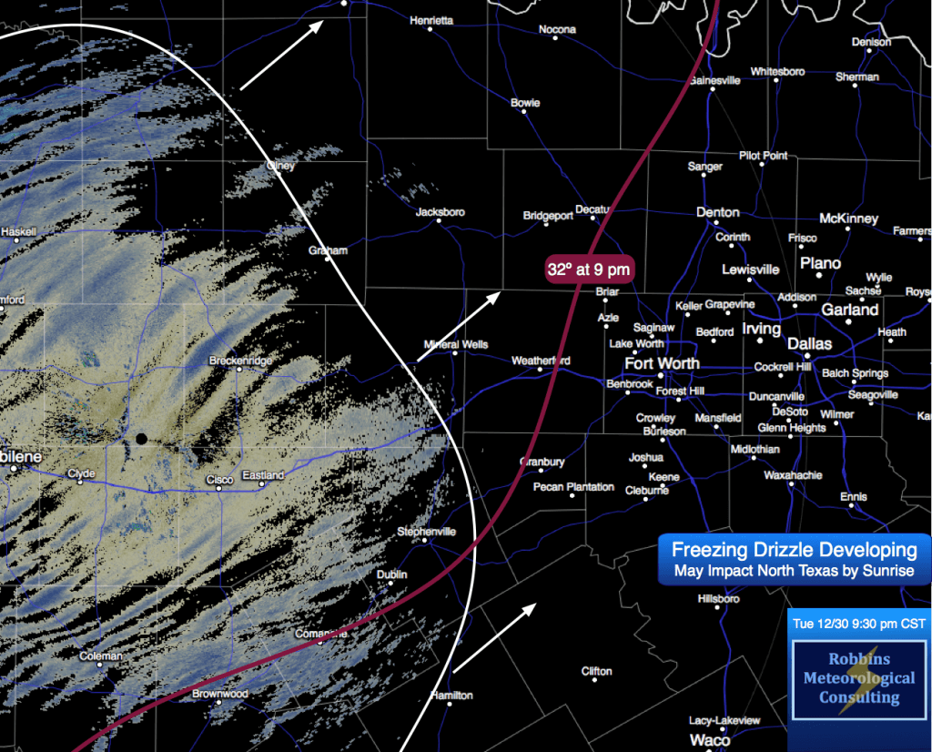 Radar image at 9:30 pm CST (Tuesday, December 30) indicating freezing drizzle developing west and southwest of the metroplex