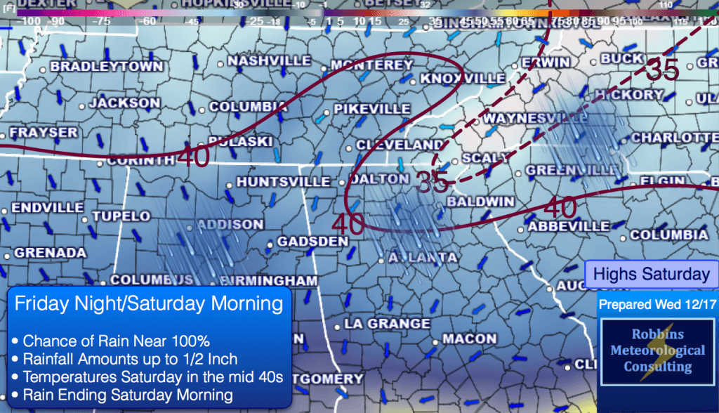 Rain likely Friday night and Saturday morning. High on Saturday in Atlanta in the mid 40s.