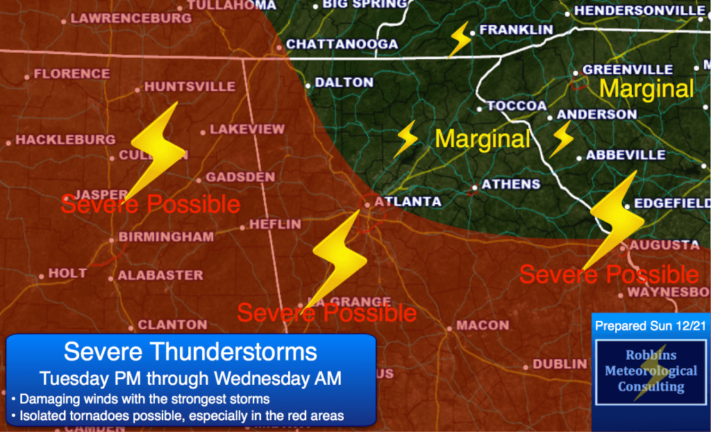 Strong to severe thunderstorms possible Tuesday night and Wednesday morning (12/23 and 12/24). 