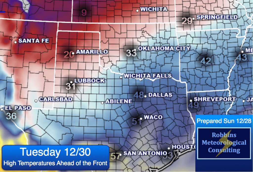 Forecast high temperatures for Tuesday 12/30, ahead of the Arctic front.