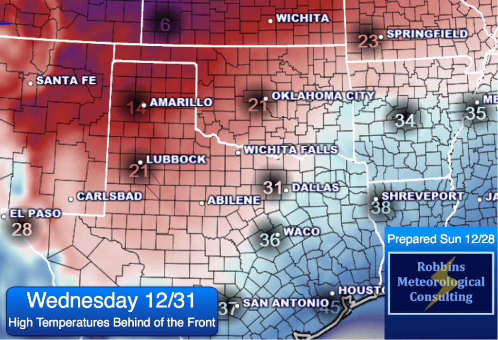 High temperatures over N. TX, behind the Arctic front. Most locations at or below freezing, especially the northwestern 1/2 of the area.  