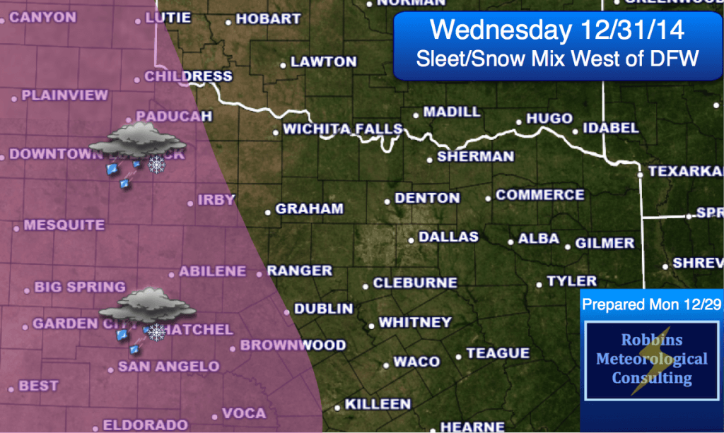 Light sleet/snow mixture possible well west of D/FW on Wednesday. Overcast expected in N. TX.