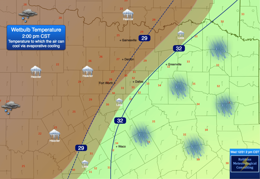 OBSERVED wet-bulb temperatures at 2 pm CST Wednesday (December 31). Superimposed are the precipitation types.