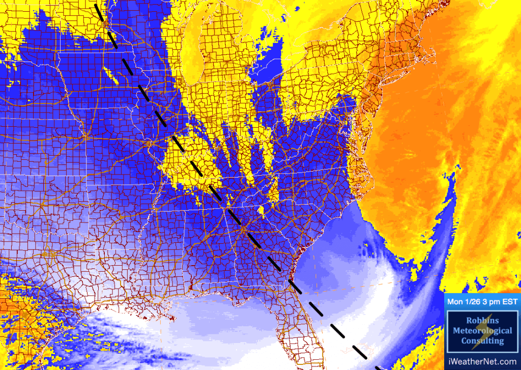 Water vapor image 18 hours later (Monday, January 26 3 pm EST)