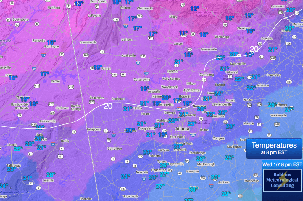 OBSERVED: Temperatures across Atlanta at 8 pm EST (Wed 1/7/15)