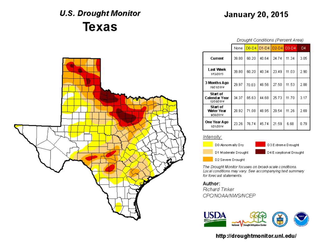 Drought conditions over Texas as of Tuesday, January 20, 2015