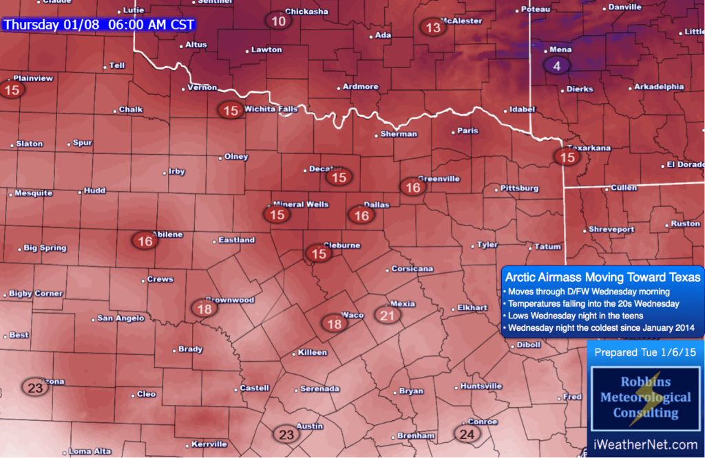 Lows Wednesday night (Thursday morning, 1/8).  DFW will be around 15º, outlying areas colder.