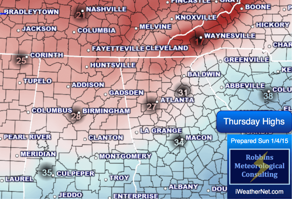 Forecast high temperatures for Thursday (1/8/15)