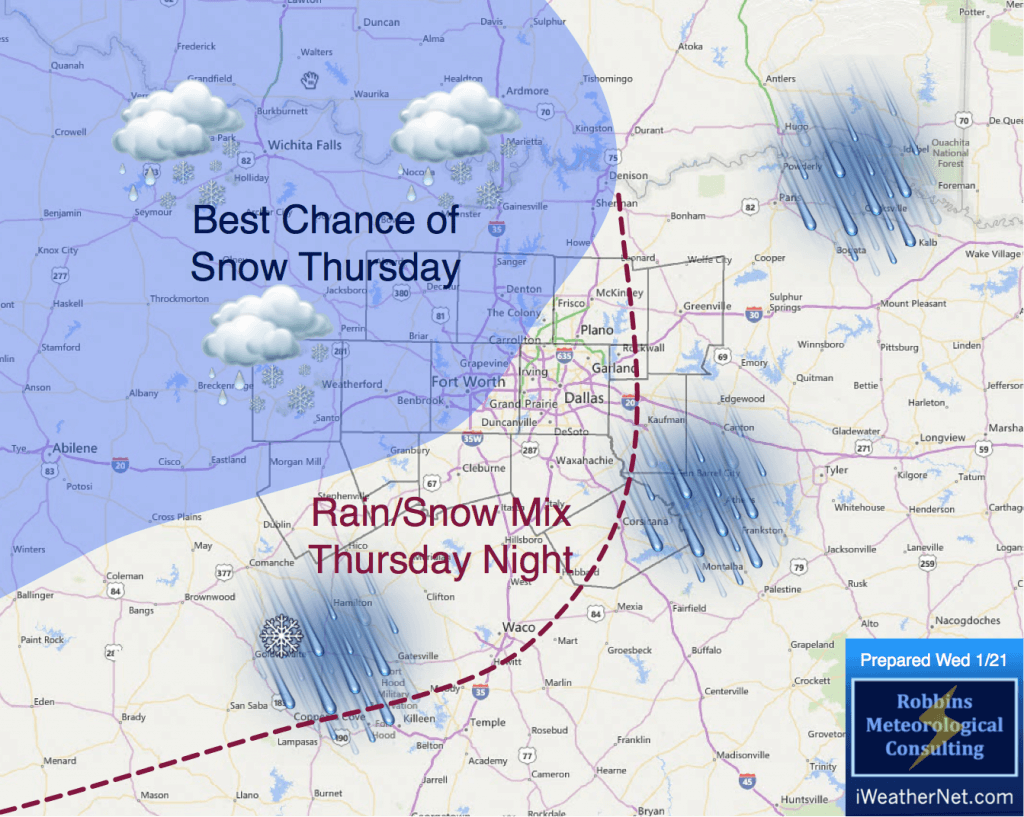 Areas with the best chance of snow on Thursday are shaded in blue.