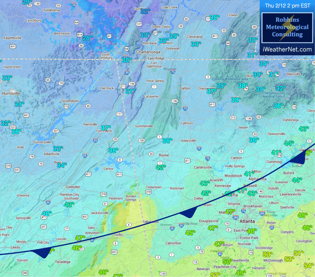 Current temperatures and frontal position (at of 2 pm EST, Thursday 2/12)