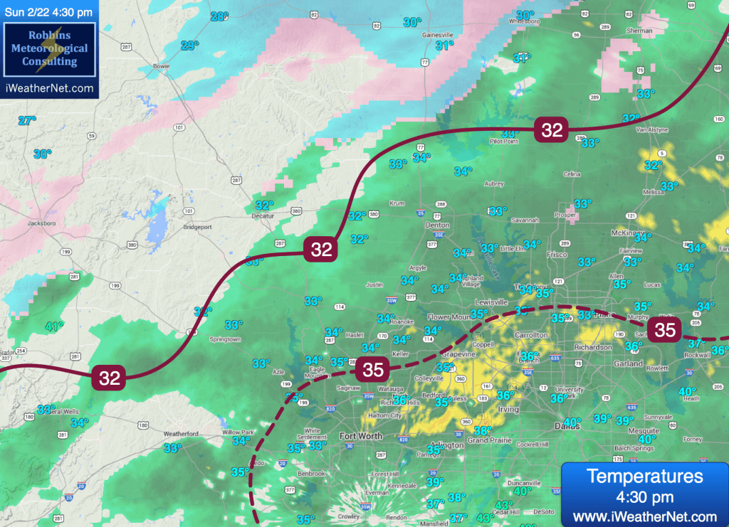 Temperatures at 4:30 pm Sunday 2/22. Freezing line moving south, on schedule. 