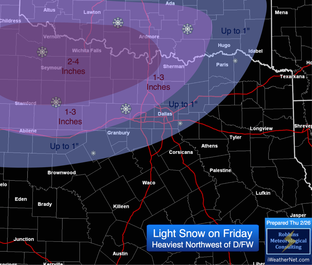 Snowfall accumulation forecast for Friday 2/27 (prepared Thursday 2/26)