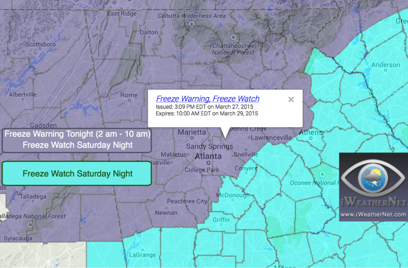 Friday 3/27: Freeze Warning Issued by the NWS for tonight/tomorrow morning; Freeze Watch for tomorrow night.