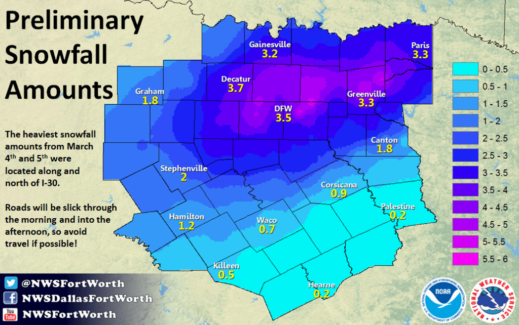 North Texas snowfall map for the March 4, 2015 snow storm