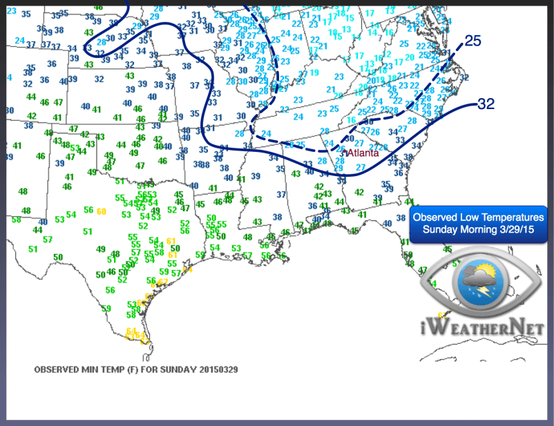 Observed low temperatures on the morning of Sunday, March 29, 2015. 