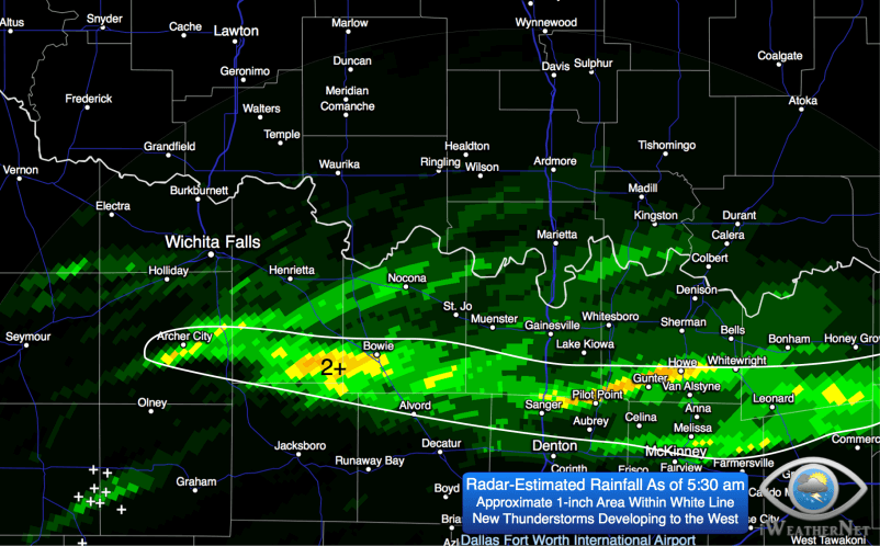 Radar-estimated rainfall as of 5:30 am Friday 3/20. Additional rain/thunderstorms will develop this morning.