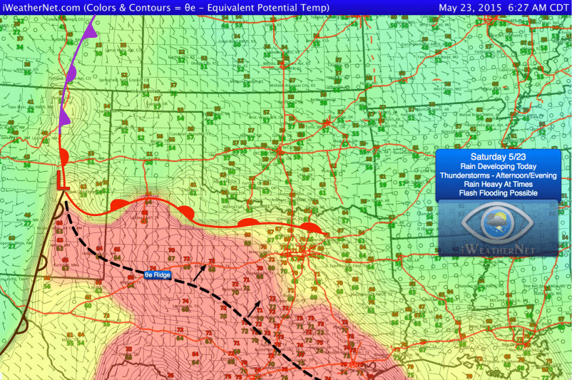 Partial analysis as of 6:30 am Saturday 5/23. Colors and isolines represent θe (equivalent potential temperature)