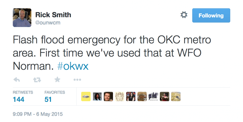 NWS Norman's Warning Coordination Meteorologist, Rick Smith, relayed the emergency on Twitter