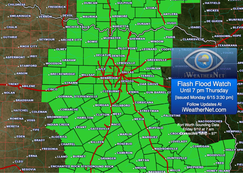 Posted Monday 6/15 3:30 pm: Flash Flood Watch in effect until 7 pm Thursday 6/18.