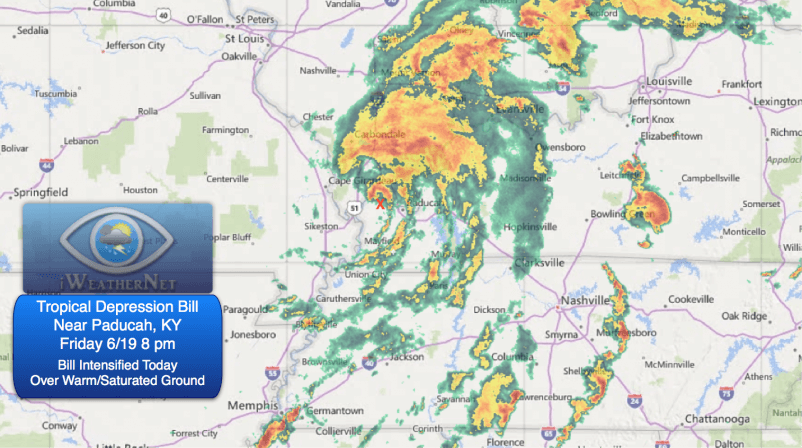 Radar image at 8 pm CDT on Friday, June 19, 2015 of Tropical Depression Bill, following a period of intensification.