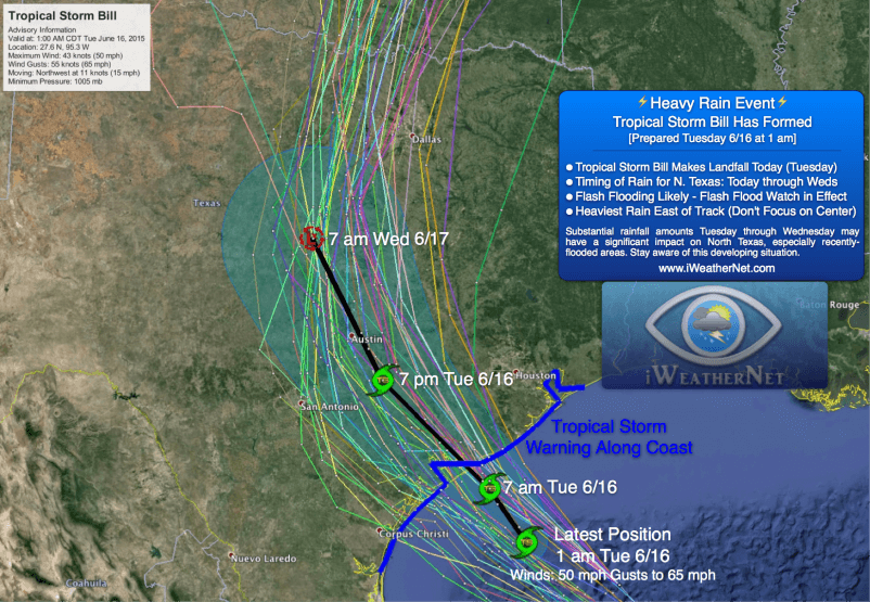 Tropical Storm Bill at 1 am CDT Tuesday 6/16/15. No changes to my forecast. 