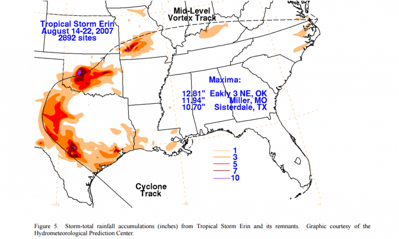 Storm-total rainfall accumulations (inches) from Tropical Storm Erin and its remnants. Graphic courtesy of the Hydrometeorological Prediction Center. 