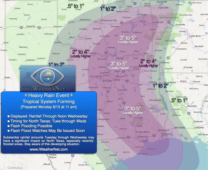 Prepared Monday 6/15 11:20 am CDT: Our predicted rainfall amounts through noon Wednesday (6/17). 