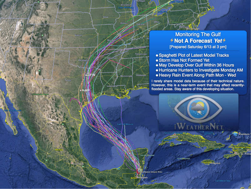 "Spaghetti plot" of model-simulated tracks of surface low that is likely to form in the Gulf of Mexico by Monday (June 15). This low could become a tropical depression/storm pending the findings of a Hurricane Hunter mission scheduled for Monday morning. 