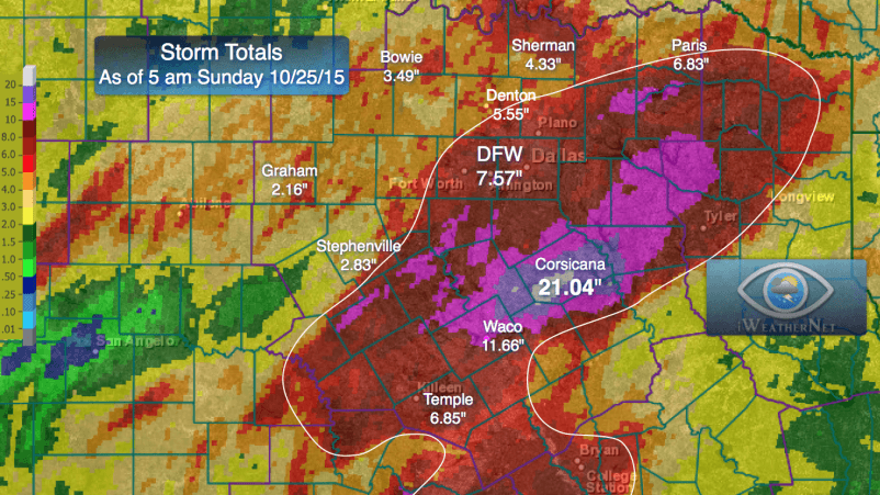 Final rainfall totals for DFW and North Texas from the heavy rain event of October 22, 23, and 24 (ending 5 am October 25) 2015. DFW Airport received 7.53"