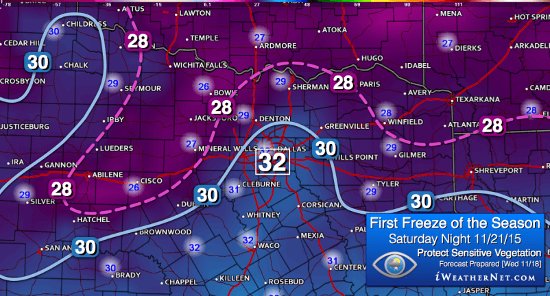 Forecast posted Wednesday 11/18/15: First freeze of the season expected Sunday morning 11/22