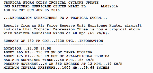 Collin's NHC upgrade from depression to tropical storm