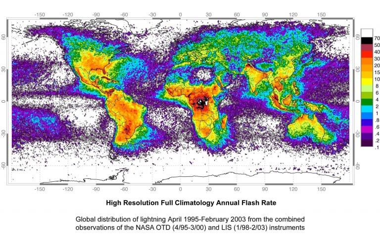 Annual global distribution of lightning strikes (1995-2003). 