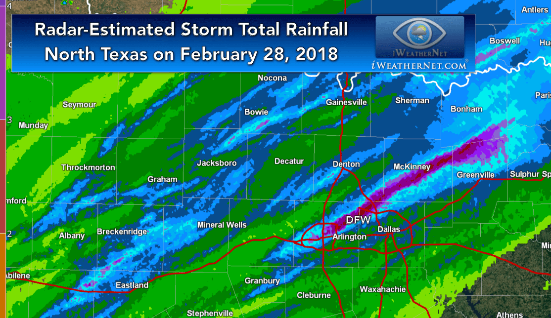 Radar-estimated rainfall totals for Dallas Fort Worth on February 28, 2018 showing swath of 2 to 5 inches of rain