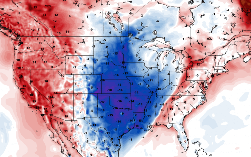 Forecast temperature anomaly for Saturday morning October 28, 2017